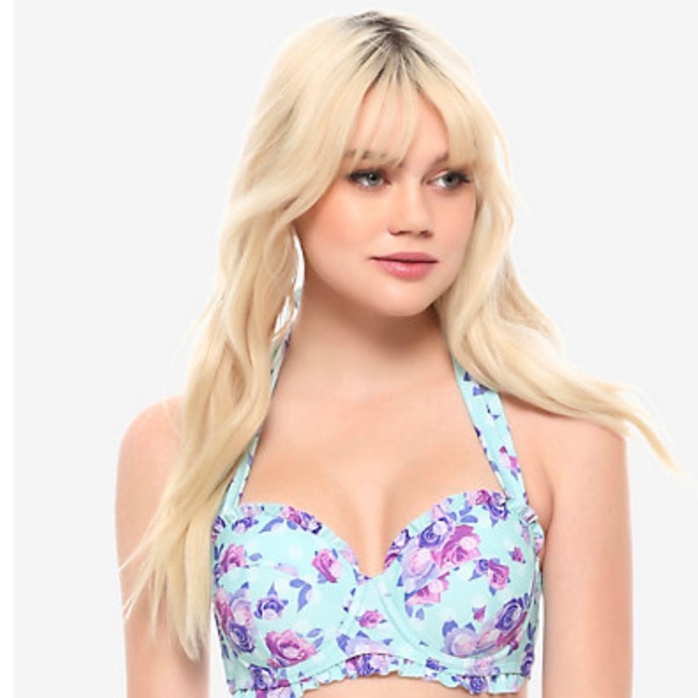 BLUE FLORAL POLKA DOT RUFFLE SWIM TOP‎ Hot Topic - Picture 2 of 5